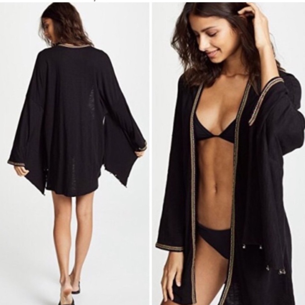 Pitusa Black Kimono Cover Up One Size OS Embroidered Evil Eye Beads Boho Resort